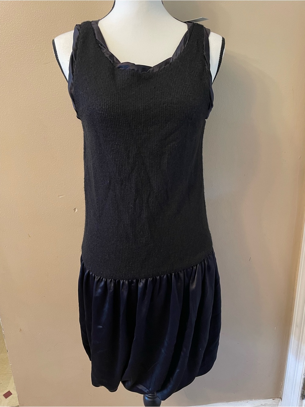 Theory Black Sleeveless Knit & Satin-Trim Dress-NWT